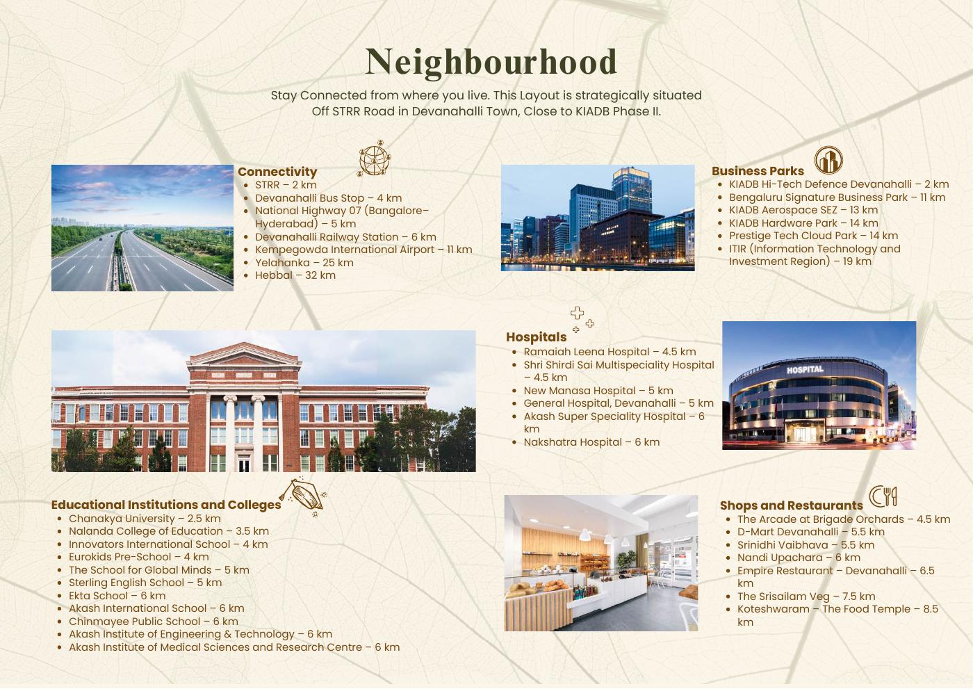 Neighbourhood — connectivity, schools, hospitals, business parks