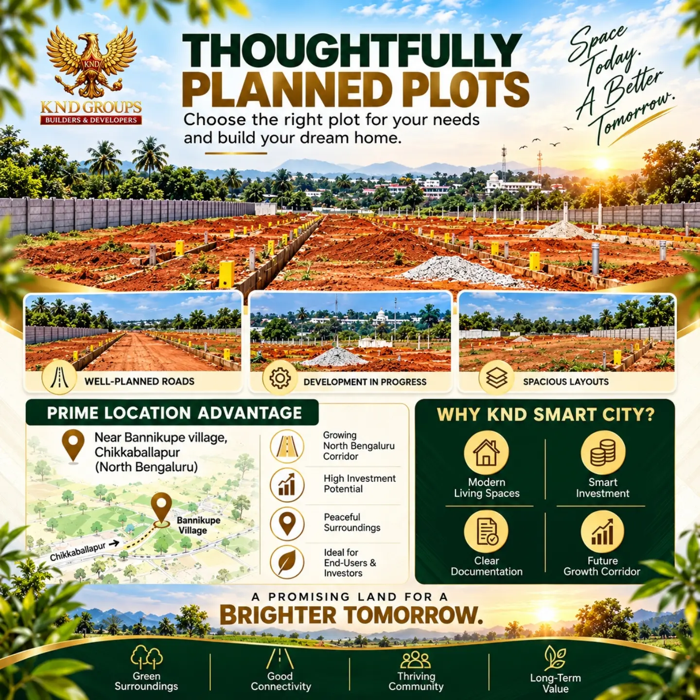 Thoughtfully Planned Plots poster — planned roads, development progress and location advantages of KND Smart City