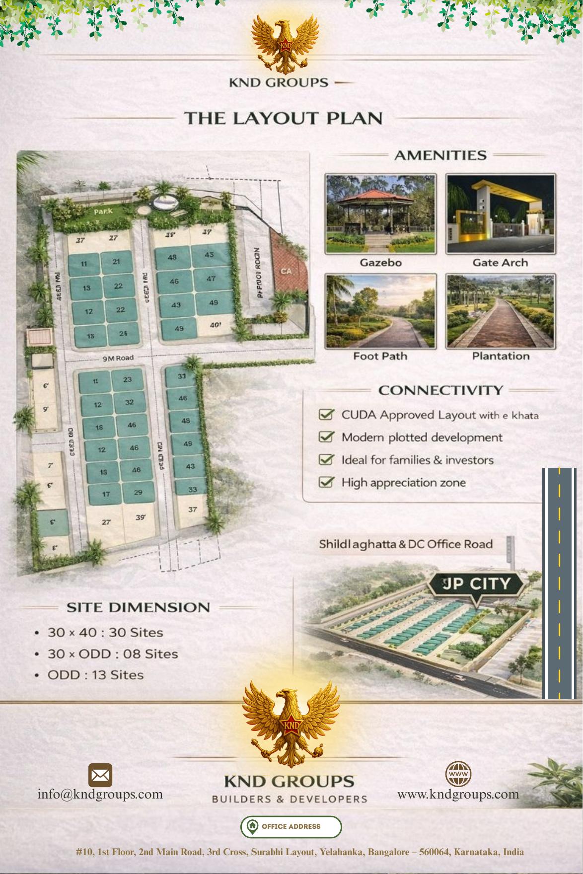 JP City — layout plan, amenities (gazebo, gate arch, foot path, plantation) and site dimensions: 30×40 (30 sites), 30×ODD (08), ODD (13)