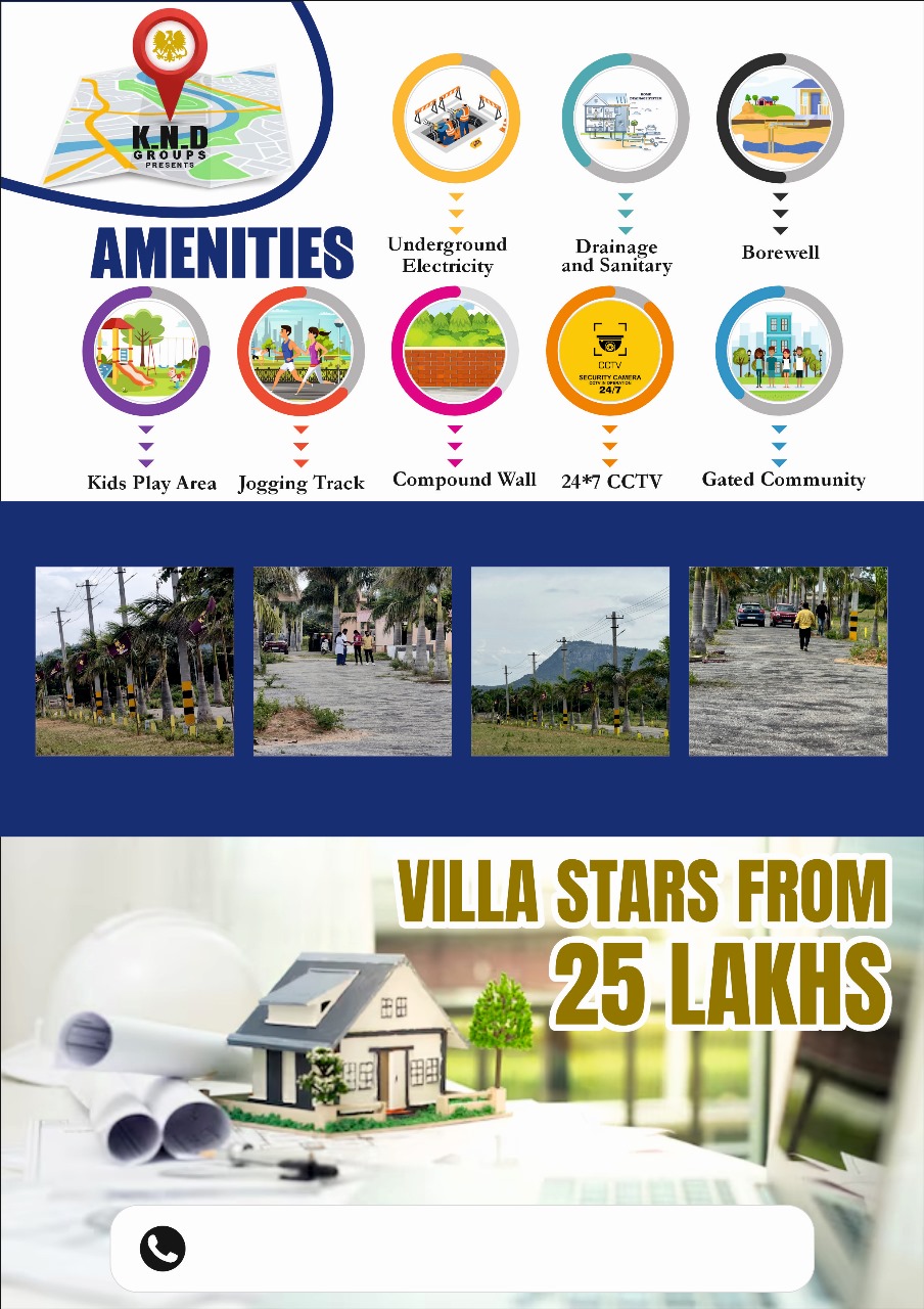 KND Groups amenities — underground electricity, drainage, CCTV, gated community — villas from ₹25 Lakhs