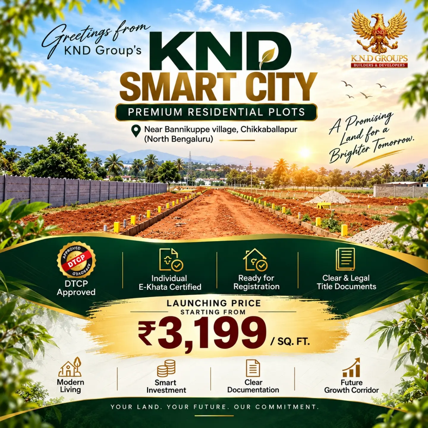 KND Smart City poster — premium residential plots near Bannikuppe Village, Chikkaballapur, from ₹3,199 per sq.ft