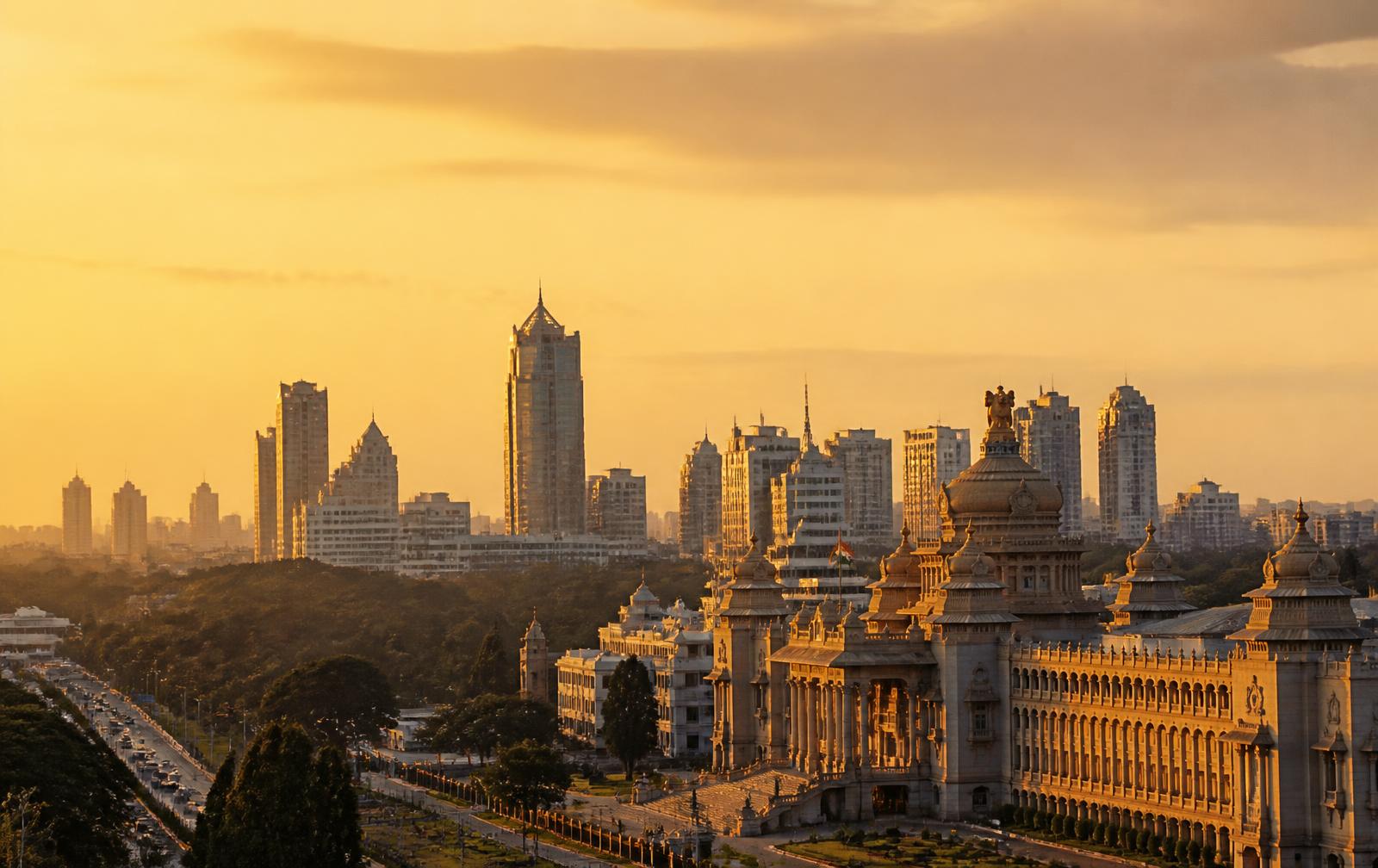 Bangalore city skyline with Vidhana Soudha at golden hour
